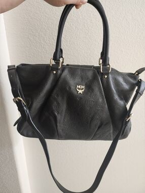 MCM Black Embossed Monogram Leather Tote Bag with Shoulder Strap